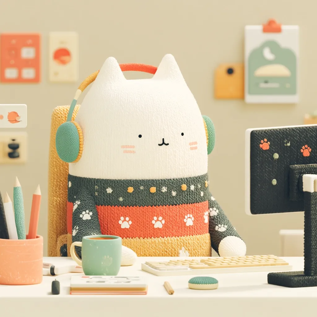 A cute, fluffy cat character, wearing a cozy sweater and headphones, sits at a desk working on a computer.  The workspace is minimalist and charming, featuring pastel colors and small details like pencils in a pot and a mug.  The cat appears calm and focused on its task, creating a heartwarming and peaceful scene.