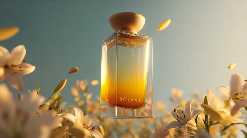 A Solane perfume bottle, with a light amber liquid and wooden cap, floats amidst a field of delicate, pale yellow lilies.  Petals gently fall around the bottle, bathed in warm, golden sunlight. The scene evokes a sense of serenity and natural beauty, highlighting the fragrance's connection to nature.