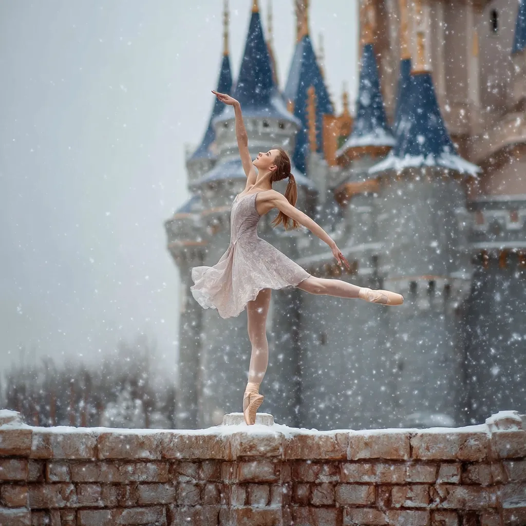 A ballerina, poised in a graceful arabesque, stands atop a snow-covered brick wall.  She wears a pale, flowing tutu and pointe shoes.  A majestic, snow-dusted castle forms a breathtaking backdrop, creating a magical, winter wonderland scene.  Snow gently falls, enhancing the ethereal quality of the image.