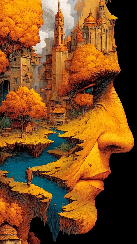 A surreal illustration depicts a man's profile whose face transforms into a landscape.  Autumnal trees and a meandering river flow through a miniature town nestled within the wrinkles and crevices of his skin.  A lone figure walks along a cliffside path, adding to the dreamlike, almost melancholic atmosphere. The overall effect is one of intricate detail and striking visual metaphor.