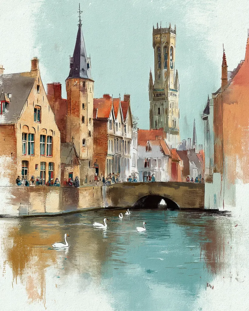 A picturesque watercolor painting depicts a charming canal scene in a European town, possibly Bruges.  Medieval-style buildings line the waterway, with a prominent clock tower standing tall.  A stone bridge arches over the tranquil canal, where several graceful white swans glide peacefully.  The scene is rendered in soft, muted colors, conveying a sense of calm and old-world charm.