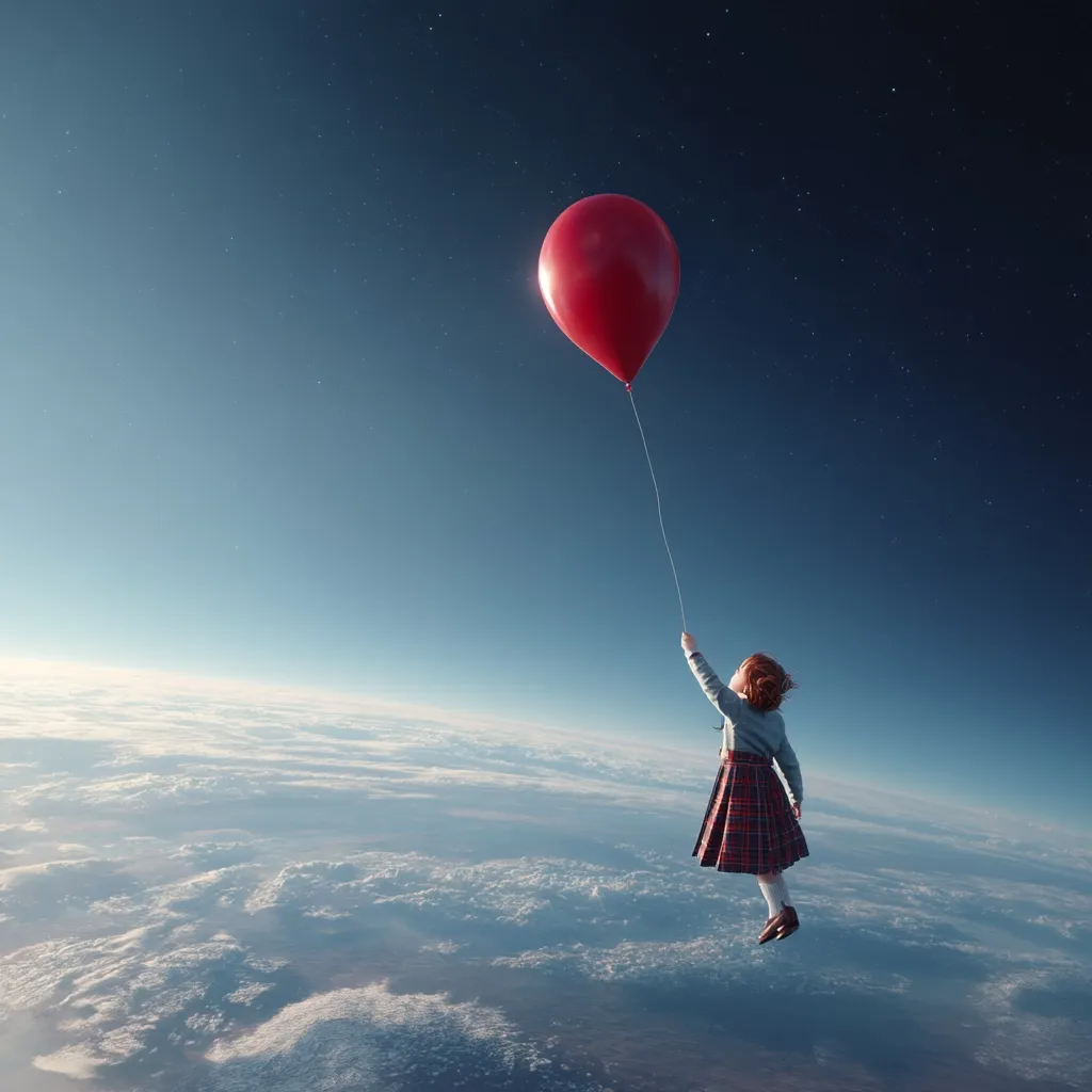 A little girl with red hair, wearing a plaid skirt, floats serenely above a vast expanse of clouds.  She holds onto a single, bright red balloon, its string extending upwards into the deep blue sky, dotted with stars. The scene evokes a sense of wonder, freedom, and childlike imagination against the backdrop of the Earth's atmosphere.