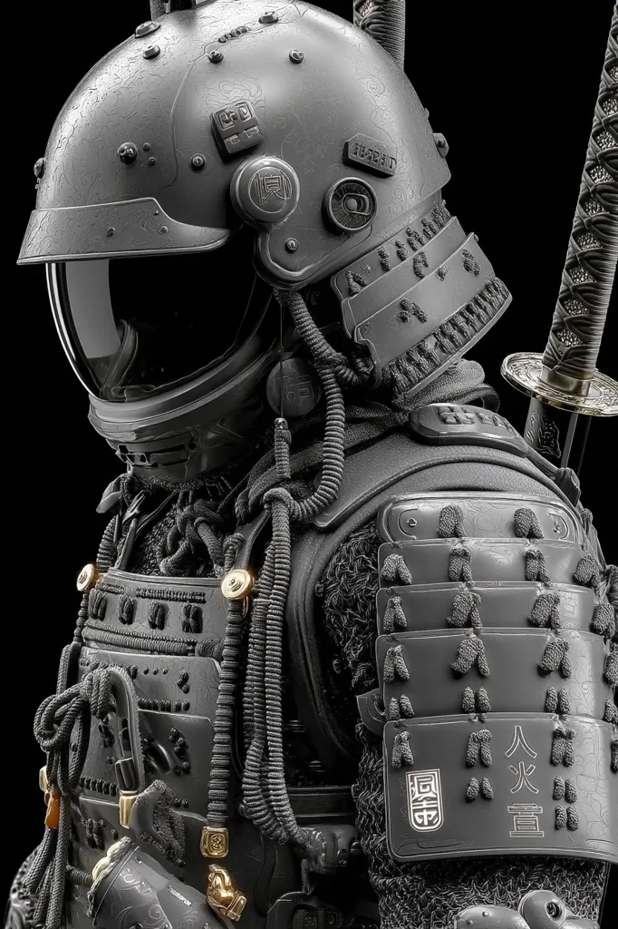 A grayscale 3D render depicts a futuristic samurai.  The figure wears a helmet resembling a space helmet fused with traditional samurai armor.  Intricate details adorn the armor, including cords, buckles, and Japanese characters.  A katana is partially visible, adding to the blend of modern and ancient aesthetics. The overall effect is a powerful and visually striking image.