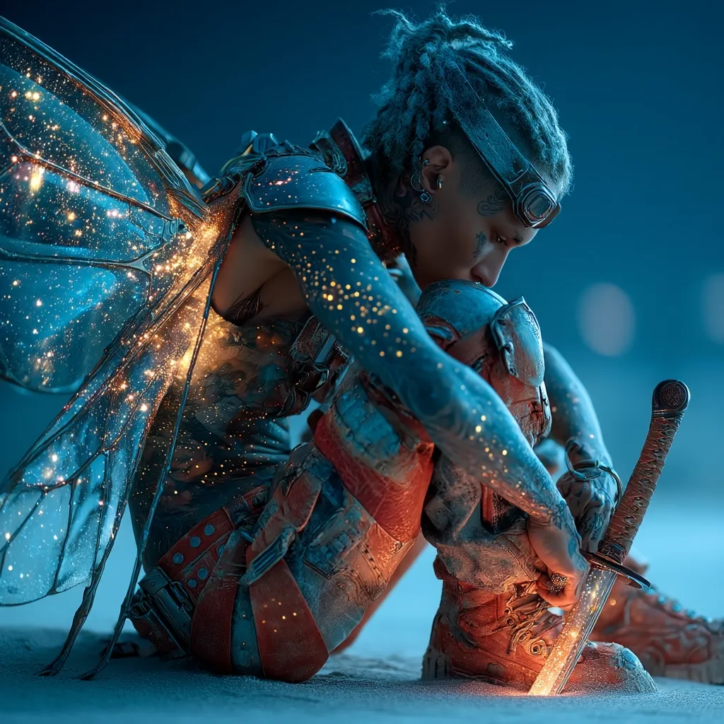 A digital painting depicts a futuristic fairy, adorned with intricate tattoos and armored clothing, sitting on a sandy surface.  Their large, iridescent wings shimmer with golden particles.  The fairy gently holds a glowing sword, their posture suggesting weariness or contemplation.  The overall ambiance is dark, moody, and fantastical.