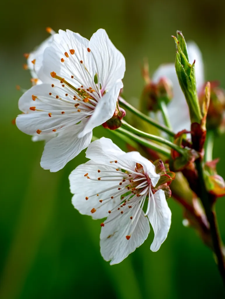 Two delicate white blossoms, adorned with vibrant orange stamens, take center stage against a blurred green backdrop.  The blossoms, possibly cherry or plum, are in full bloom, showcasing their intricate petal structure.  New buds and leaves are visible on the stem, suggesting the vibrancy of springtime. The shallow depth of field emphasizes the flowers, creating a soft, natural image.