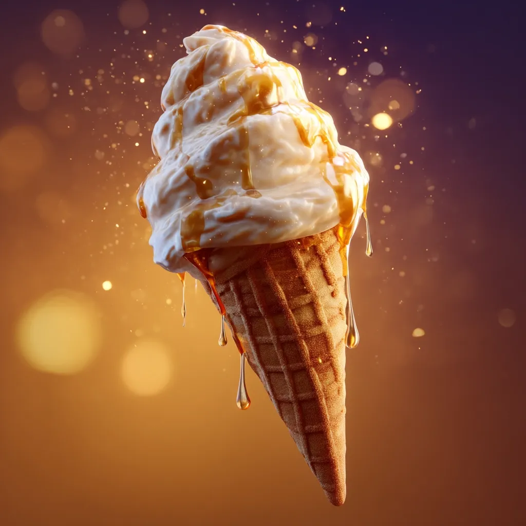 A delectable ice cream cone, overflowing with creamy vanilla ice cream, is generously drizzled with golden caramel.  The rich caramel drips down the sides of the waffle cone, creating a visually appealing and tempting dessert. The image is set against a warm, bokeh-filled background, enhancing the overall sense of sweetness and indulgence.