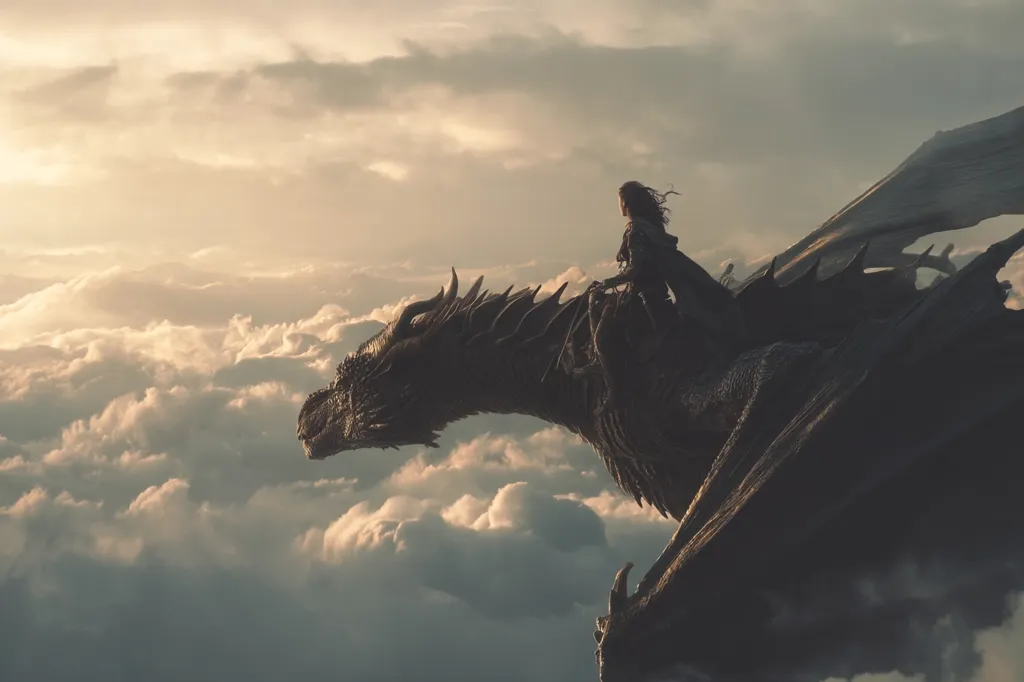 A lone woman sits atop a massive, dark dragon as they soar through a breathtaking expanse of clouds.  The setting sun casts a warm glow on the scene, creating a dramatic silhouette against the fluffy white landscape below. The dragon's powerful wings stretch out, suggesting immense size and strength, while the woman appears small but resolute in her position.  The overall atmosphere evokes a sense of fantasy and adventure.