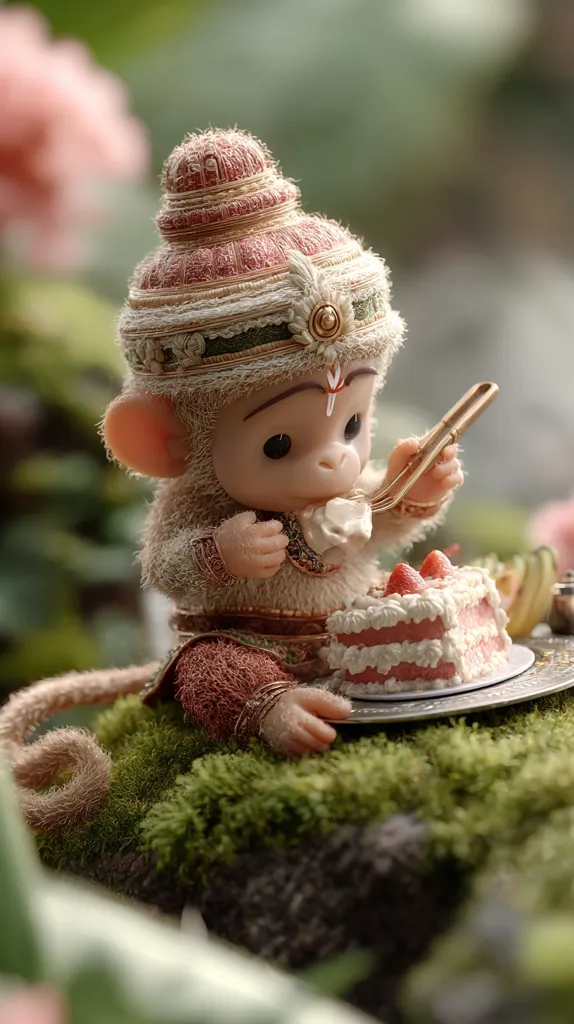 A charming figurine of a monkey, adorned in an ornate pink and gold headdress, sits amidst lush green moss.  It delicately uses a small golden fork to enjoy a strawberry shortcake presented on a silver platter. The miniature scene is beautifully detailed, creating a whimsical and enchanting image.