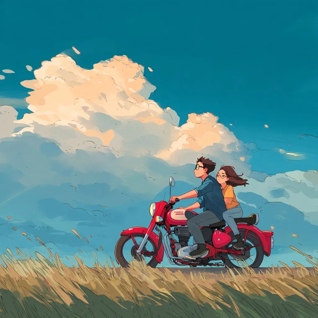 A young couple rides a red vintage motorcycle along a grassy road under a bright blue sky adorned with fluffy white clouds. The man steers the bike, while the woman sits behind him, enjoying the scenic view.  The art style is vibrant and whimsical, evoking a feeling of freedom and adventure.  Tall grasses line the roadside, adding to the idyllic setting.