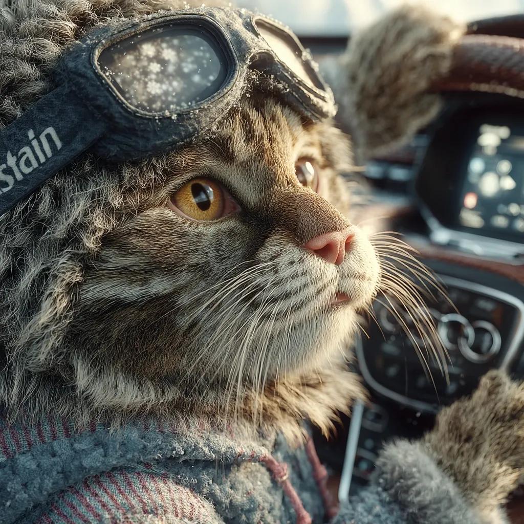 A tabby cat, wearing a furry hood and goggles frosted with snow, sits in a car.  The cat's amber eyes gaze intently to the side, its expression serious and alert.  The "Stain" brand is visible on its goggles.  The image suggests a journey, possibly in cold weather, and presents a whimsical, anthropomorphic portrayal of a cat as a driver.