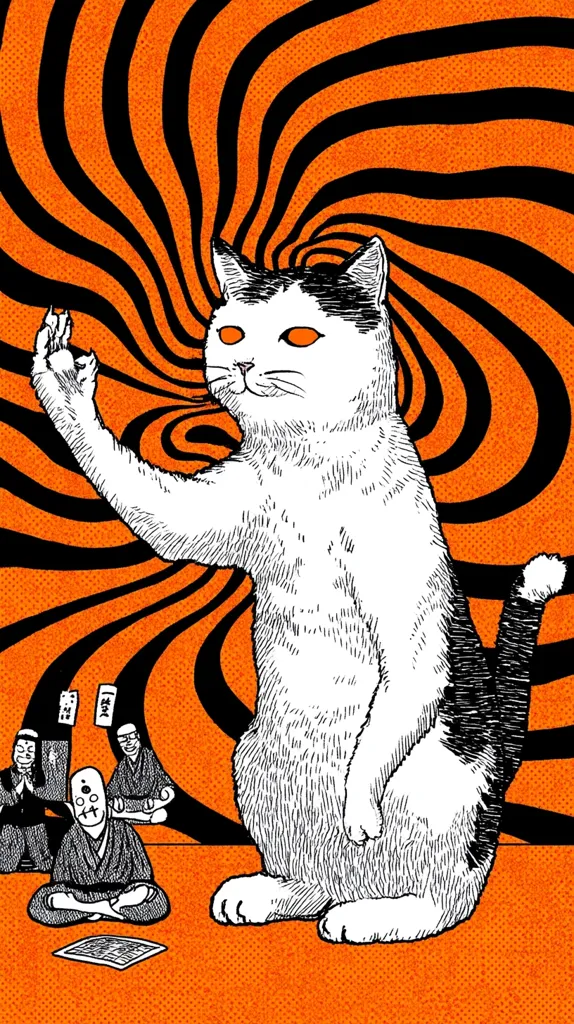 A large, stylized black and white cat with glowing orange eyes stands against a swirling orange and black background.  It raises one paw in a gesture of greeting or address.  Three smaller figures in robes, possibly monks, sit before the cat, seemingly in contemplation or reverence. The overall style is reminiscent of a graphic novel or print.