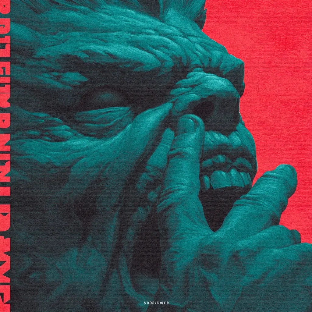 A teal-toned close-up depicts a distorted, anguished face, possibly a grotesque caricature.  The figure's mouth is agape, teeth bared, and a hand appears to be clutching at its face, emphasizing a sense of pain or struggle. The background is a stark, contrasting red.  The overall style is dark and dramatic, hinting at a theme of suffering or psychological torment.  The artist's signature is subtly placed in the bottom corner.