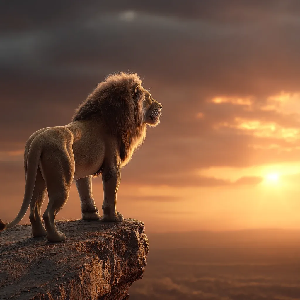 A majestic lion, with a thick, golden mane, stands proudly on a rocky outcrop.  The sun sets behind it, casting a warm, orange glow across the vast, hazy landscape.  The lion's gaze is directed towards the distant horizon, conveying a sense of power and solitude against the dramatic sky.  The image evokes feelings of majesty and the untamed beauty of the African savanna.