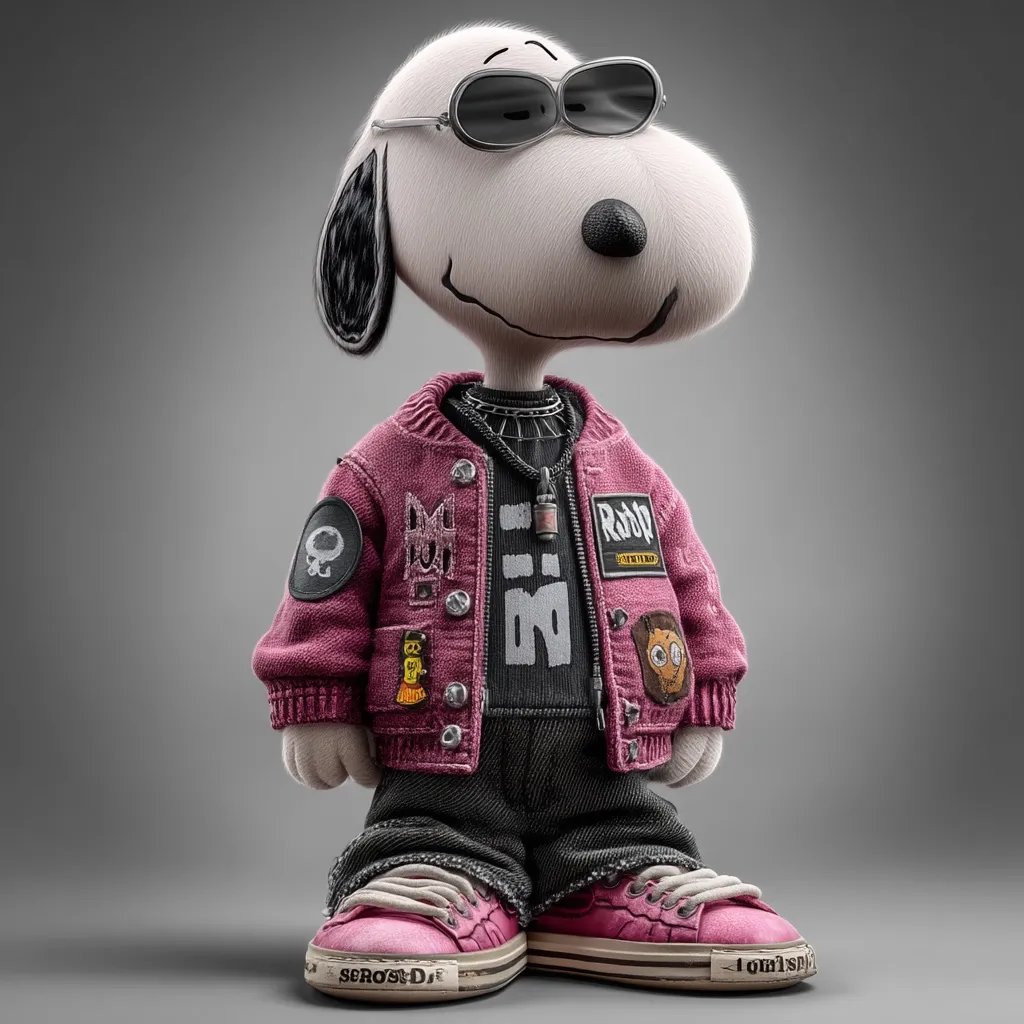 A 3D-rendered image of Snoopy, the Peanuts beagle, styled as a punk rocker. He wears a pink varsity jacket adorned with patches, a black shirt, dark pants, and pink Converse sneakers.  Sunglasses add to his rebellious look. The detailed rendering showcases textured fur, clothing, and accessories, creating a unique and stylized portrayal of the classic cartoon character.