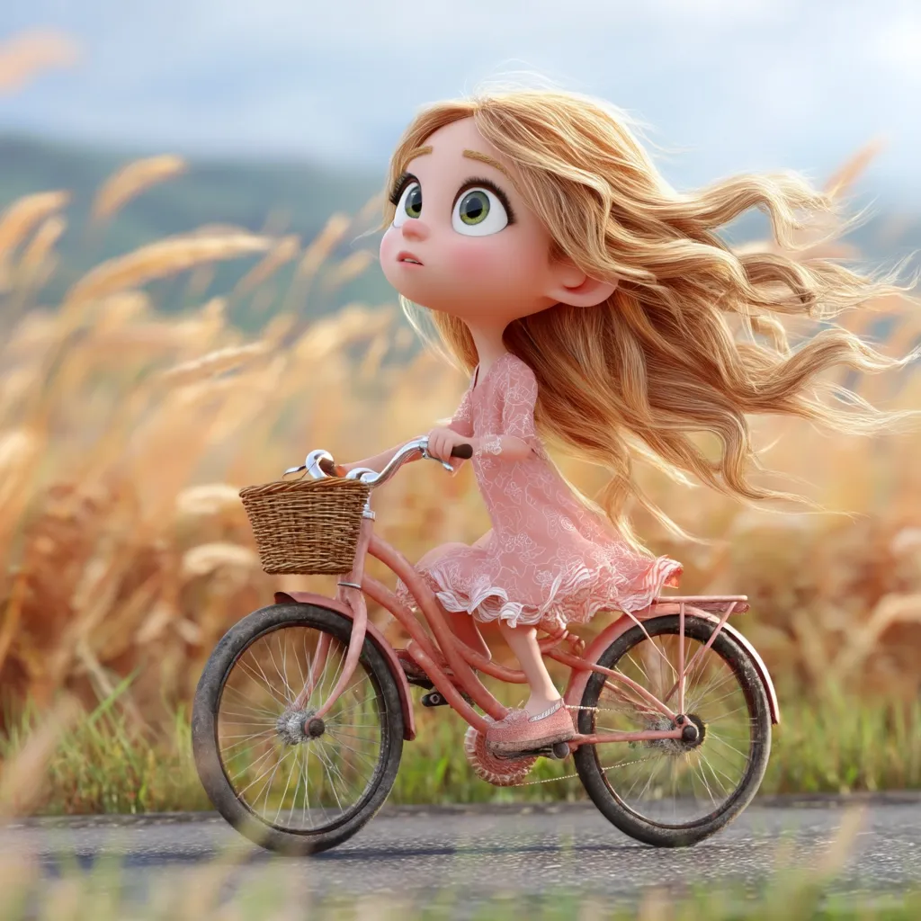 A charming 3D-rendered girl with long, flowing blonde hair rides a pink bicycle down a country road.  She wears a delicate pink dress and her large eyes gaze upward, suggesting a sense of wonder.  A wicker basket adorns the bike's handlebars, and tall, golden grasses line the roadside, creating a picturesque and idyllic scene. The overall style is cute and whimsical.
