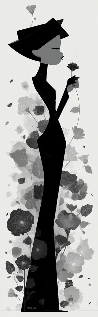 A stylized black and white illustration depicts a woman in a long, elegant dress and hat.  She is subtly positioned amongst delicate, grayscale flowers, which appear almost translucent. The woman's pose is graceful, suggesting a gentle interaction with the blossoms.  The overall style is minimalist and chic, with a focus on clean lines and contrasting tones.  The image conveys a sense of serenity and understated elegance.