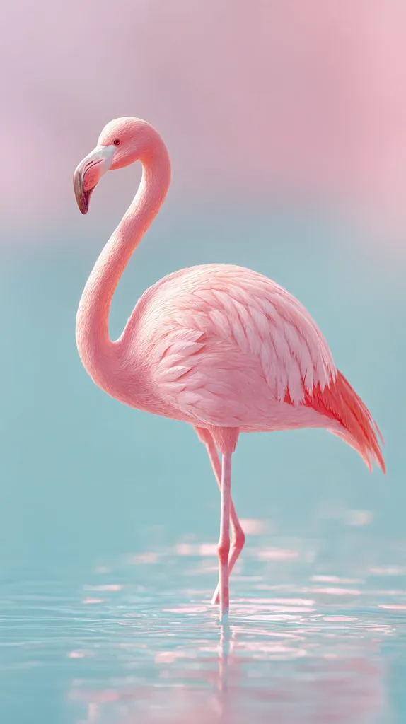 A single flamingo stands gracefully in shallow, calm water. Its vibrant pink plumage contrasts beautifully against the soft, pastel-colored background. The flamingo's long legs and neck are elegantly poised, its reflection mirroring its beauty in the water. The overall mood is serene and picturesque, evoking a sense of tranquility and natural beauty.