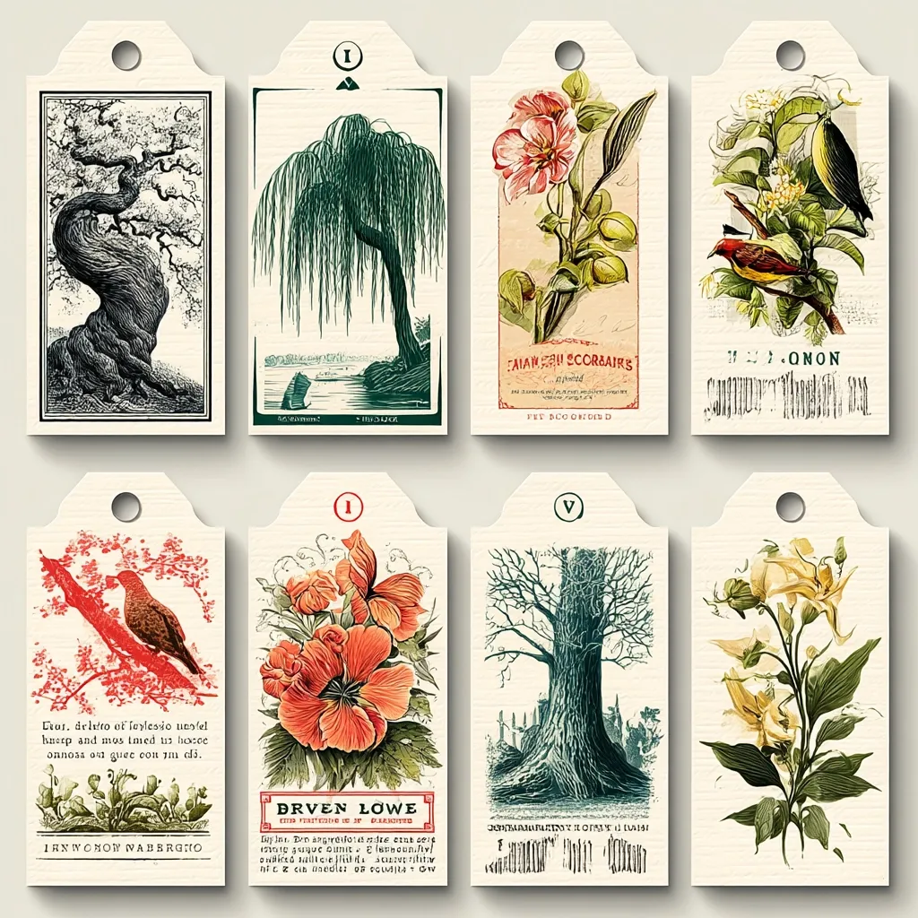 Eight vintage-style gift tags feature botanical illustrations and whimsical text.  Designs include a gnarled tree, weeping willow, pink flower, birds in flowering branches, a bird on a branch, orange flower, large tree, and yellow flower.  Each tag has a unique design and text, creating a cohesive collection with an antique aesthetic.  The tags are likely intended for crafting or scrapbooking.