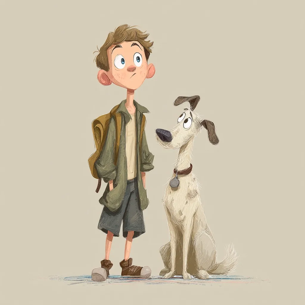 A whimsical illustration depicts a boy and his dog. The boy, with a backpack, gazes upward, while his light-colored dog sits attentively beside him. Both characters are rendered in a cartoonish style with soft, textured brushstrokes. Their expressions convey a sense of anticipation or wonder, suggesting an adventurous journey about to begin.  The overall palette is muted and warm, creating a calm yet exciting mood.