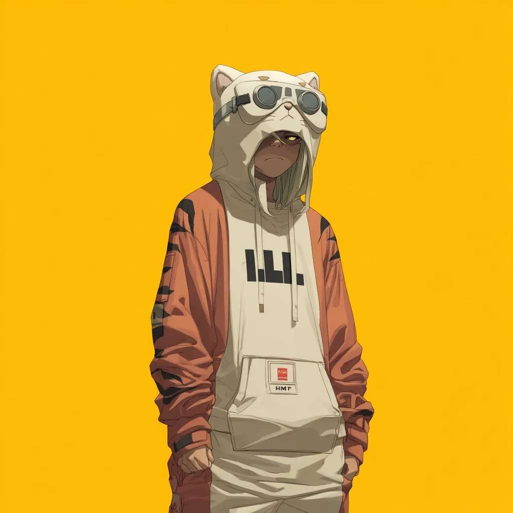 The illustration showcases an anime-style female character against a vibrant yellow backdrop.  She's dressed in a unique outfit: an oversized cream-colored hoodie with orange tiger-striped sleeves, featuring a stylized logo. The hood itself is designed as a cat's face, complete with goggles. The character's expression is serious and slightly sullen. The overall aesthetic blends streetwear fashion with anime character design.