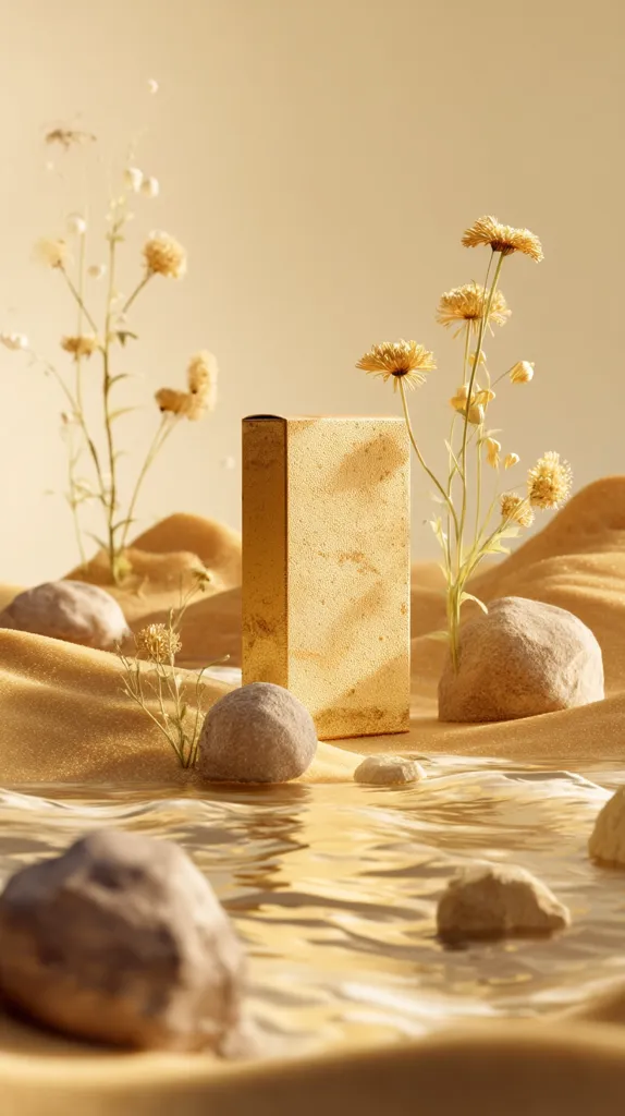 A gold-colored box sits amidst a serene desert scene.  Delicate, dried wildflowers sprout from the sand, their pale blooms contrasting with the golden box and smooth stones scattered around.  A shallow pool of water reflects the warm light, creating a tranquil and minimalist composition. The overall aesthetic is calming and luxurious.