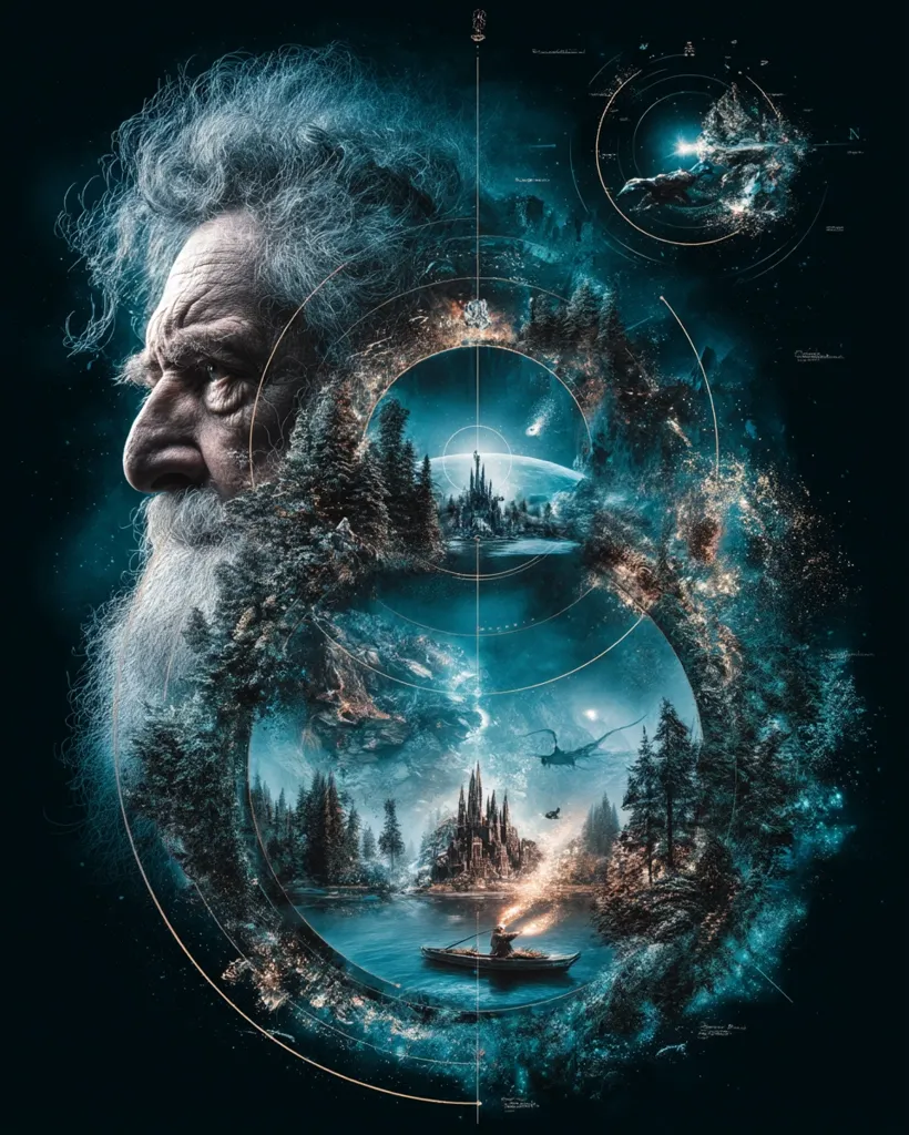 A surreal artwork depicts a weathered old man's profile, his face partially obscured by a swirling nebula of cosmic dust and fantastical landscapes.  Within the nebula are circular windows showing a tranquil lake scene with a gothic castle and a lone figure in a boat.  Geometric lines connect these elements, suggesting a map of a dreamlike, possibly magical, world. The overall effect is one of mystery and wonder.