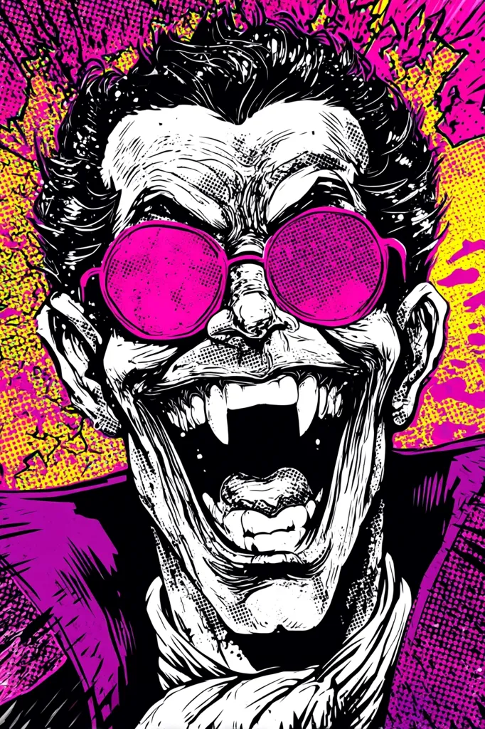 A stylized illustration of a vampire-like figure, possibly a Joker variant.  The character is depicted with sharp teeth, a wide grin, and bright pink sunglasses against a vibrant background of purple, yellow, and black. The style is reminiscent of comic book art with bold lines and contrasting colors. The overall mood is playful yet menacing.