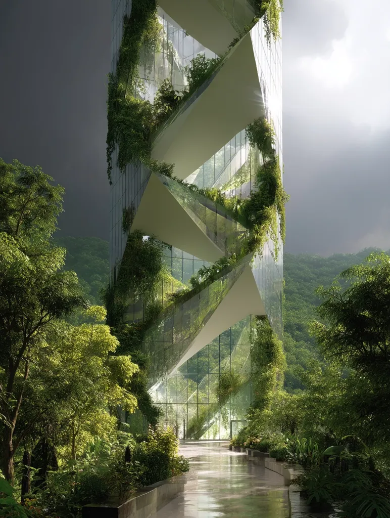 A futuristic, glass skyscraper is nestled within a lush, green mountain landscape.  The building's unique design incorporates cascading levels, each adorned with abundant vegetation, creating a vertical garden that blends seamlessly with the surrounding natural environment. A pathway leads to the building's entrance, offering a tranquil view of the integrated architecture and nature. The overall impression is one of harmonious coexistence between urban development and the natural world.