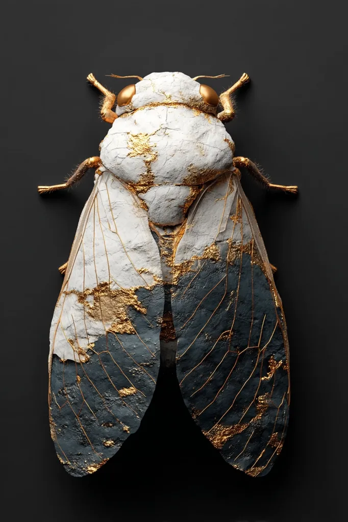 A cicada, meticulously crafted, is presented against a stark black backdrop. Its body is a striking blend of white and grey, adorned with gold accents, giving it a textured, almost sculptural appearance.  Delicate gold veining details the wings, enhancing the intricate artistry. The overall effect is one of elegant contrast and refined detail.