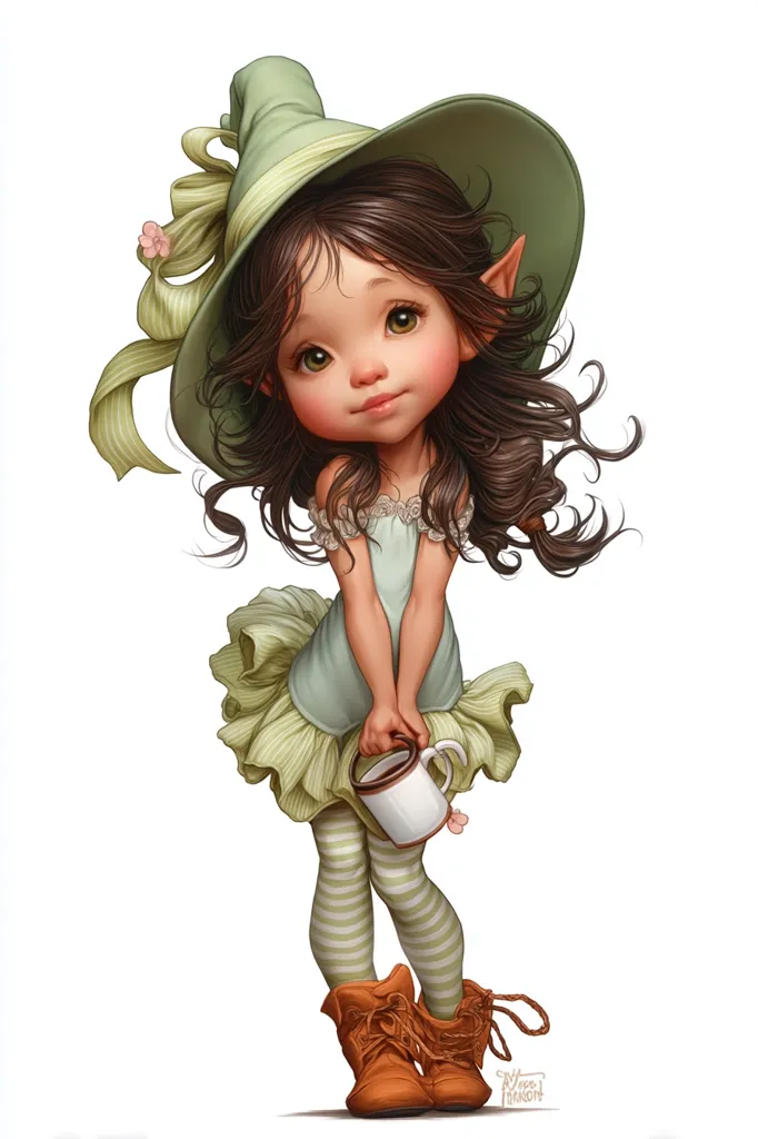 A charming illustration of a young elf girl. She has long brown hair, pointed ears, and wears a pale green dress and hat adorned with a ribbon.  Her striped tights and orange boots complete her whimsical attire. She holds a mug, adding to her endearing and magical appearance.  The style is reminiscent of fantasy art, with soft colors and delicate details.