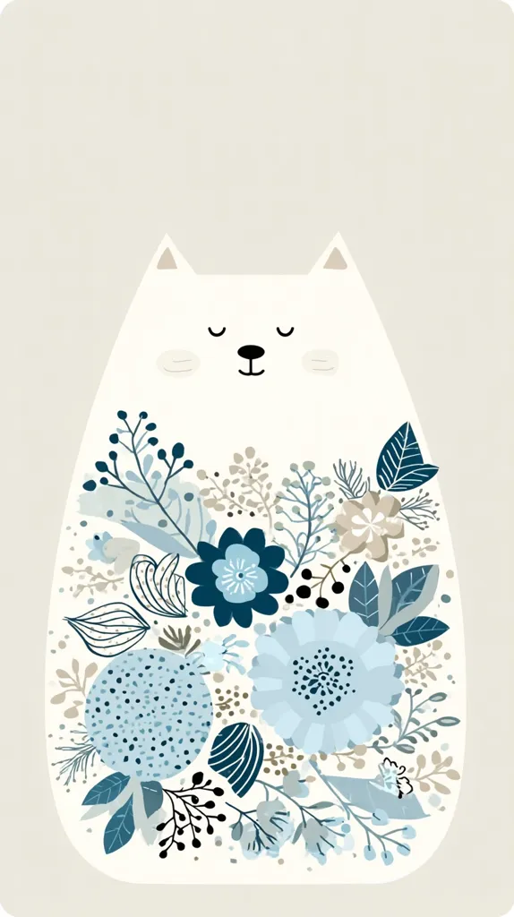 A charming illustration features a plump, white cat adorned with a bouquet of stylized blue and beige flowers. The cat's serene expression and the soft color palette create a peaceful, calming image.  The floral design is intricate and detailed, contrasting beautifully with the cat's simple form.  The overall style is whimsical and modern, suitable for various applications.