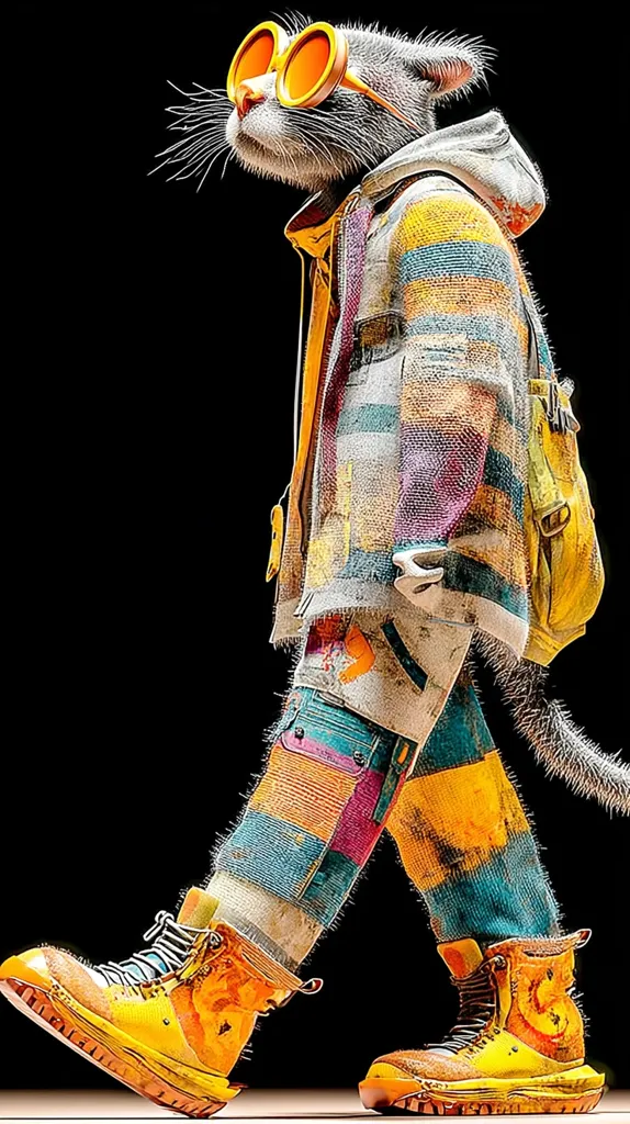 A stylish grey cat strolls confidently, wearing vibrant yellow-orange round sunglasses, a multicolored patchwork jacket, and matching pants.  The cat sports chunky yellow boots and carries a small yellow backpack.  The image is set against a stark black background, highlighting the cat's bold and colorful attire.  The overall style is a blend of street fashion and anthropomorphic character design.