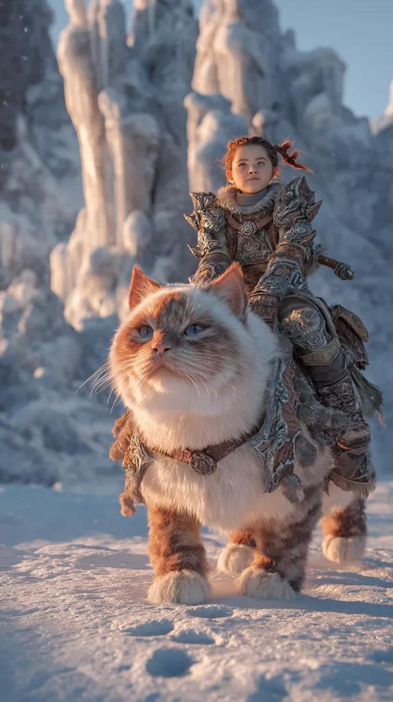 A young girl, clad in ornate armor, sits atop a large, fluffy cat in a snowy landscape.  The cat, a striking mix of cream and orange, wears its own miniature armor.  Behind them, a backdrop of icy formations rises, bathed in the soft light of the setting sun.  The scene evokes a fantasy setting, blending elements of medieval attire with a whimsical, almost magical, creature.