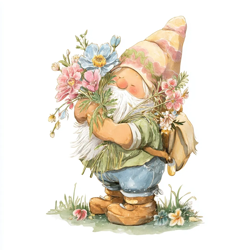 A charming garden gnome, depicted in watercolor, is seen cradling a vibrant bouquet of pink, blue, and white wildflowers.  He wears a pointed hat and denim overalls, a backpack secured at his side.  His kind face and rosy cheeks exude gentleness. The gnome stands on a patch of grass, adding to the whimsical charm of the illustration.