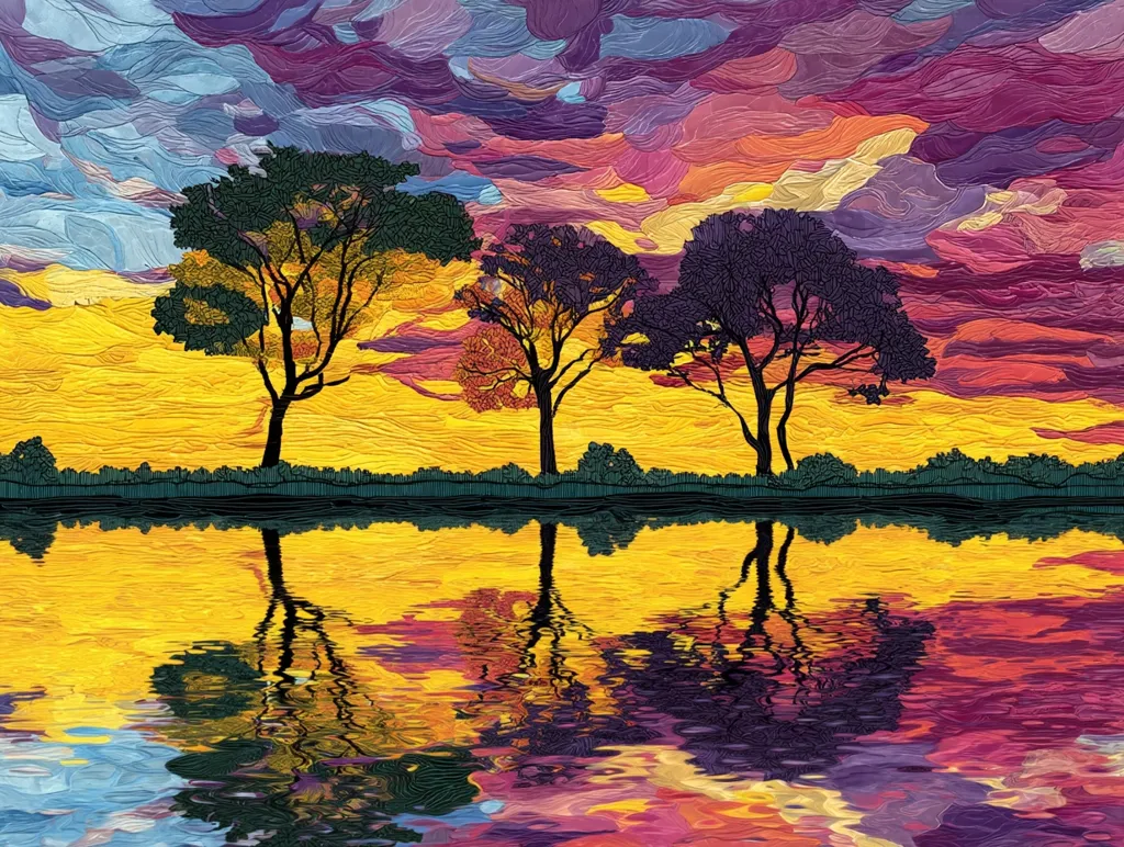Three silhouetted trees stand along a calm lake, their reflections mirroring the vibrant sunset. The sky is a masterpiece of swirling colors—blues, purples, oranges, and yellows—painted with textured strokes. The scene is tranquil and serene, capturing the beauty of a sunset reflected in still water.  The overall style is impressionistic, with emphasis on color and texture.