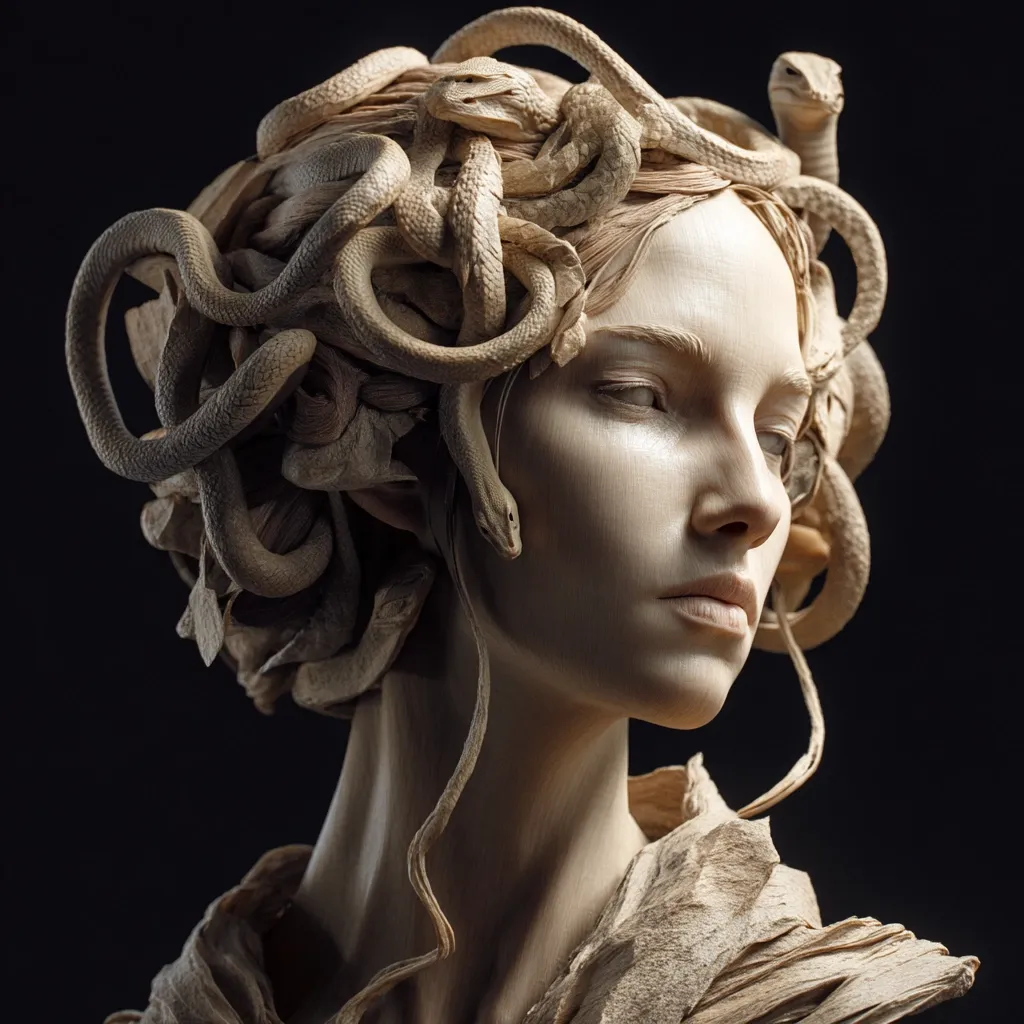 A stunning bust sculpture depicts Medusa, the Gorgon of Greek mythology.  Her face is serene, yet her head is adorned with a multitude of intricately sculpted snakes, their forms realistically detailed and intertwined. The monochromatic palette, likely representing stone or wood, enhances the classical aesthetic. The dark background isolates the figure, focusing attention on the captivating detail and artistry.
