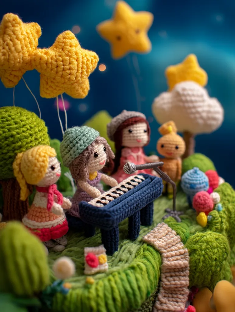 A charming crocheted scene depicts a miniature world.  Amigurumi figures, including girls playing a piano and a small creature, are nestled in a landscape of green hills, trees, and fluffy clouds.  Yellow crocheted stars float overhead, creating a whimsical, nighttime atmosphere.  The intricate detail and soft textures evoke a sense of warmth and gentle imagination.
