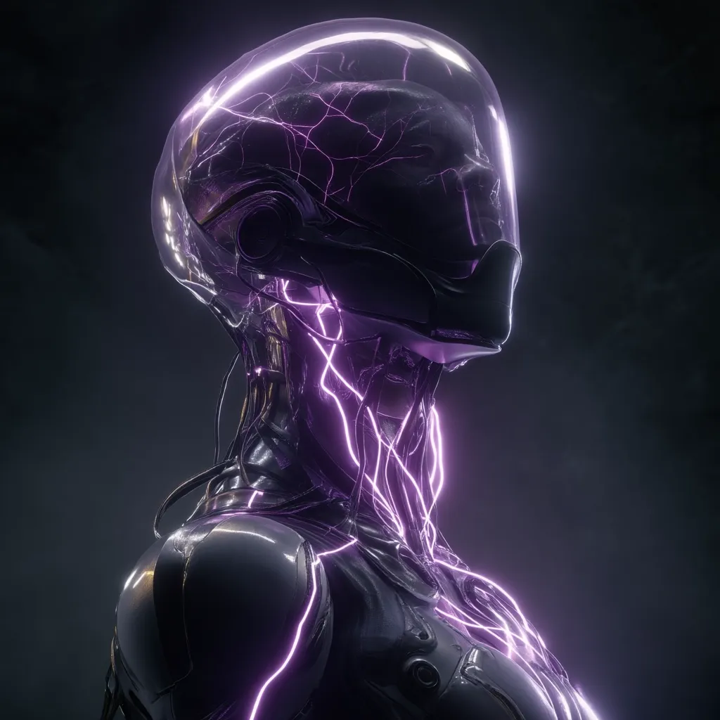 A stylized female cyborg, depicted from the shoulders up, is the focus. Her head is encased in a transparent helmet, revealing internal circuitry illuminated by vibrant purple energy. This energy flows down her neck and chest, accentuating her metallic, sleek body. The dark background emphasizes the glowing lines and futuristic design of the cyborg.  The image evokes a sense of science fiction and advanced technology.