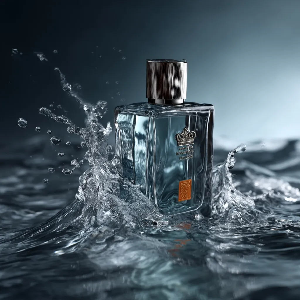 A stylish, rectangular bottle of men's perfume, featuring a silver cap and a crown emblem, is partially submerged in water.  The clear liquid inside the bottle is visible. Water splashes dramatically around the perfume bottle, creating a dynamic and luxurious visual effect against a dark background.  The overall image suggests freshness and elegance.