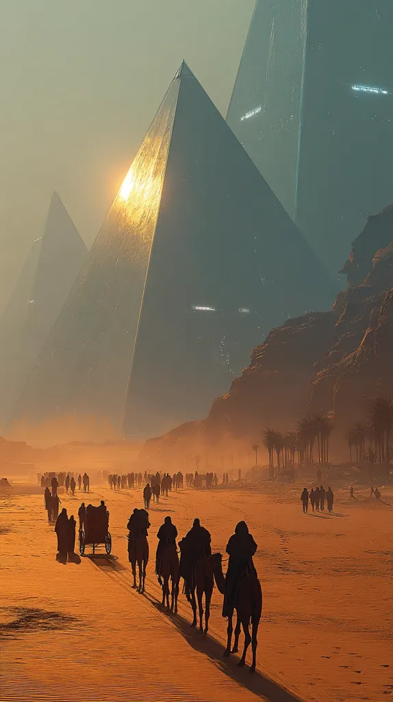 A caravan of camels and people travels across a desert landscape towards enormous, futuristic pyramids.  The setting sun casts long shadows, illuminating the metallic sheen of the pyramids.  Palm trees line the horizon, adding a touch of traditional desert imagery to this surreal, sci-fi scene.  The overall atmosphere is one of mystery and wonder.