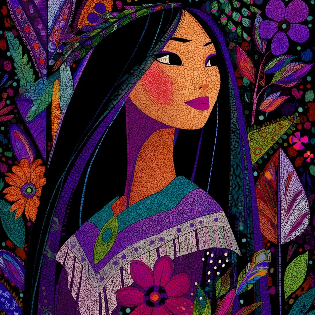 A stylized portrait of Pocahontas, rendered in a vibrant mosaic style.  Her long dark hair cascades down, framed by colorful, floral elements.  The artwork uses a rich palette of purples, oranges, and greens, creating a textured and visually captivating piece.  The mosaic effect gives a sense of depth and intricacy to her clothing and the surrounding botanical details.
