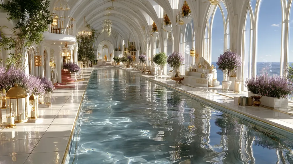 A long, indoor pool stretches the length of a grand, white hall.  High arched ceilings and large windows offer a view of the ocean.  The space is opulent, adorned with ornate gold accents, lush lavender plants, and elegant chandeliers.  Sunlight streams through the windows, illuminating the pristine marble floors and reflecting in the tranquil water. The overall aesthetic is luxurious and serene.