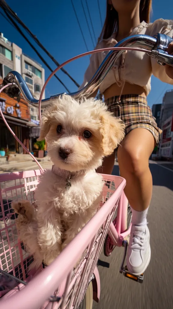 A fluffy white puppy sits in a pink bicycle basket.  A young woman in a cream top and plaid skirt rides the bicycle on a sunny day,  enjoying a leisurely ride with her canine companion. The scene is bright and cheerful, showcasing a picturesque urban setting.