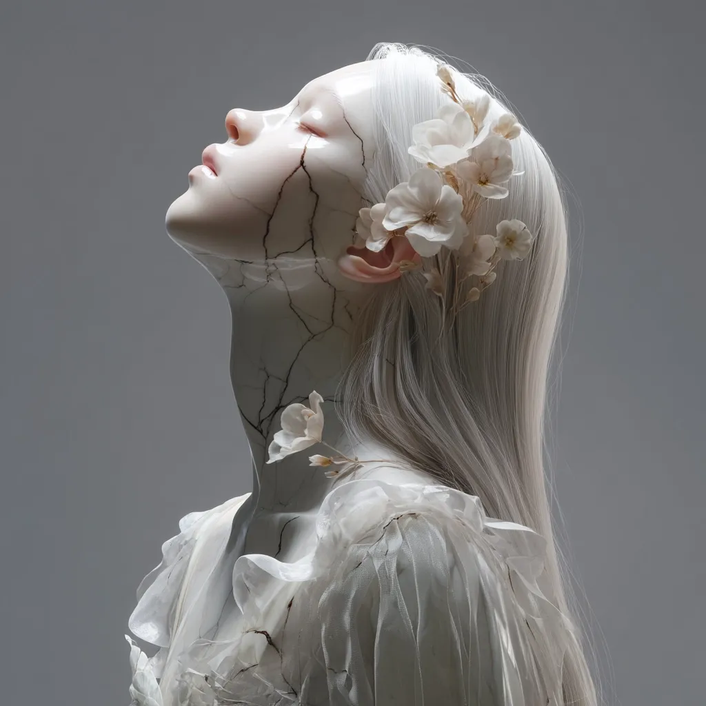 A woman with long, flowing white hair is depicted, her skin appearing like marble with delicate cracks.  She wears a sheer white dress, adorned with small, white flowers. Her head is tilted back, eyes closed, conveying a sense of serenity or ethereal beauty. The overall aesthetic is delicate and otherworldly.