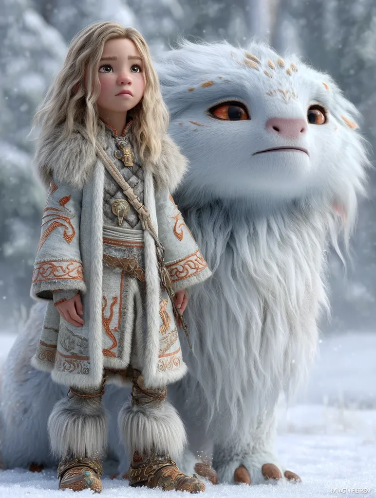 A young girl with long blonde hair, dressed in a warm, intricately embroidered white coat and fur-trimmed boots, stands beside a large, fluffy white creature.  The creature resembles a lion or mythical beast, with soft fur and expressive orange eyes.  Both are set against a snowy, wintry background, suggesting a fantasy or magical setting. The girl's serious expression adds to the image's mysterious atmosphere.