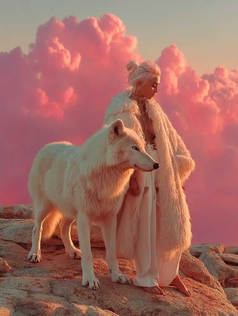 A woman with platinum blonde hair, styled in a bun, stands barefoot on a rocky outcrop. She wears a long, fluffy white coat and white flowing pants.  Beside her stands a majestic white wolf, its fur gleaming in the warm light of a pink and orange sunset.  The sky is filled with dramatic, cotton-candy-colored clouds, creating a surreal and ethereal atmosphere.