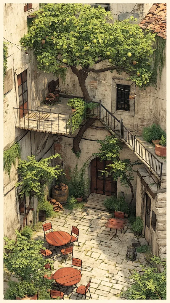 A sun-drenched courtyard nestled within aged stone buildings. A fruitful quince tree dominates the center, its branches reaching towards weathered balconies.  Wooden tables and chairs offer a tranquil seating area amidst lush greenery.  The scene evokes a sense of quiet Mediterranean charm, a peaceful retreat within a historic setting.