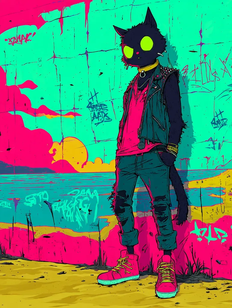 A vibrant illustration of an anthropomorphic black cat in edgy attire stands against a graffiti-covered wall. The cat sports a leather jacket, ripped jeans, and high-top sneakers, all in neon colors.  The backdrop features a stylized beach scene under a sunset, contrasting the urban graffiti. The overall style is bold and graphic, reminiscent of street art and 80s pop culture.