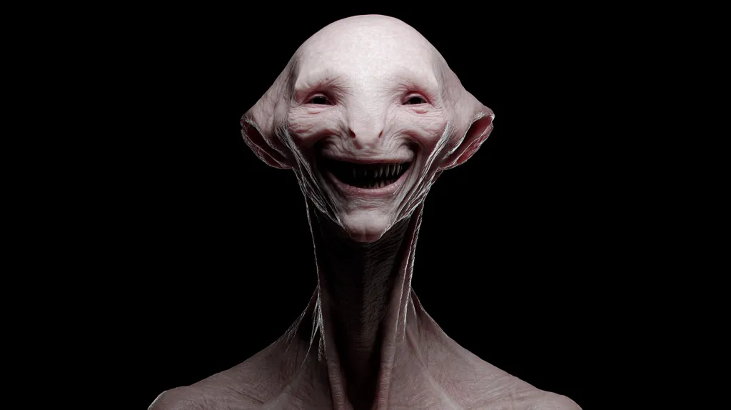 A digital rendering depicts a creature with pale, smooth skin, an elongated neck, and a wide, unsettling smile revealing dark teeth.  Its head is dome-shaped with large, slightly protruding ears. The creature's expression is unnervingly cheerful against a stark black background, creating a surreal and somewhat disturbing image. The overall style suggests a creature from a horror or science fiction context.