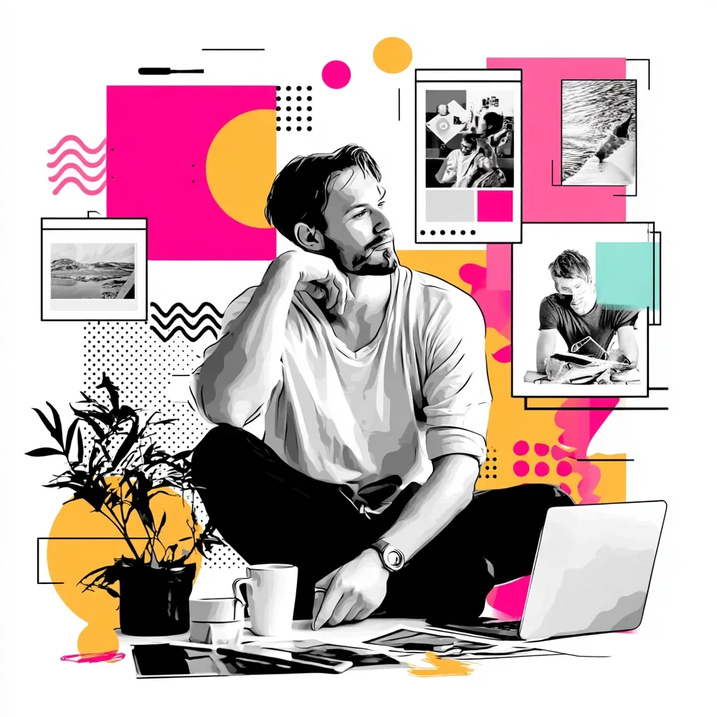 A grayscale illustration of a man sitting cross-legged on the floor, hand resting on his chin, thoughtfully looking off to the side.  He's surrounded by vibrant geometric shapes and smaller images depicting various scenes, including landscapes and people working. A laptop and coffee mug are nearby, suggesting a creative workspace. The overall style is modern and abstract.
